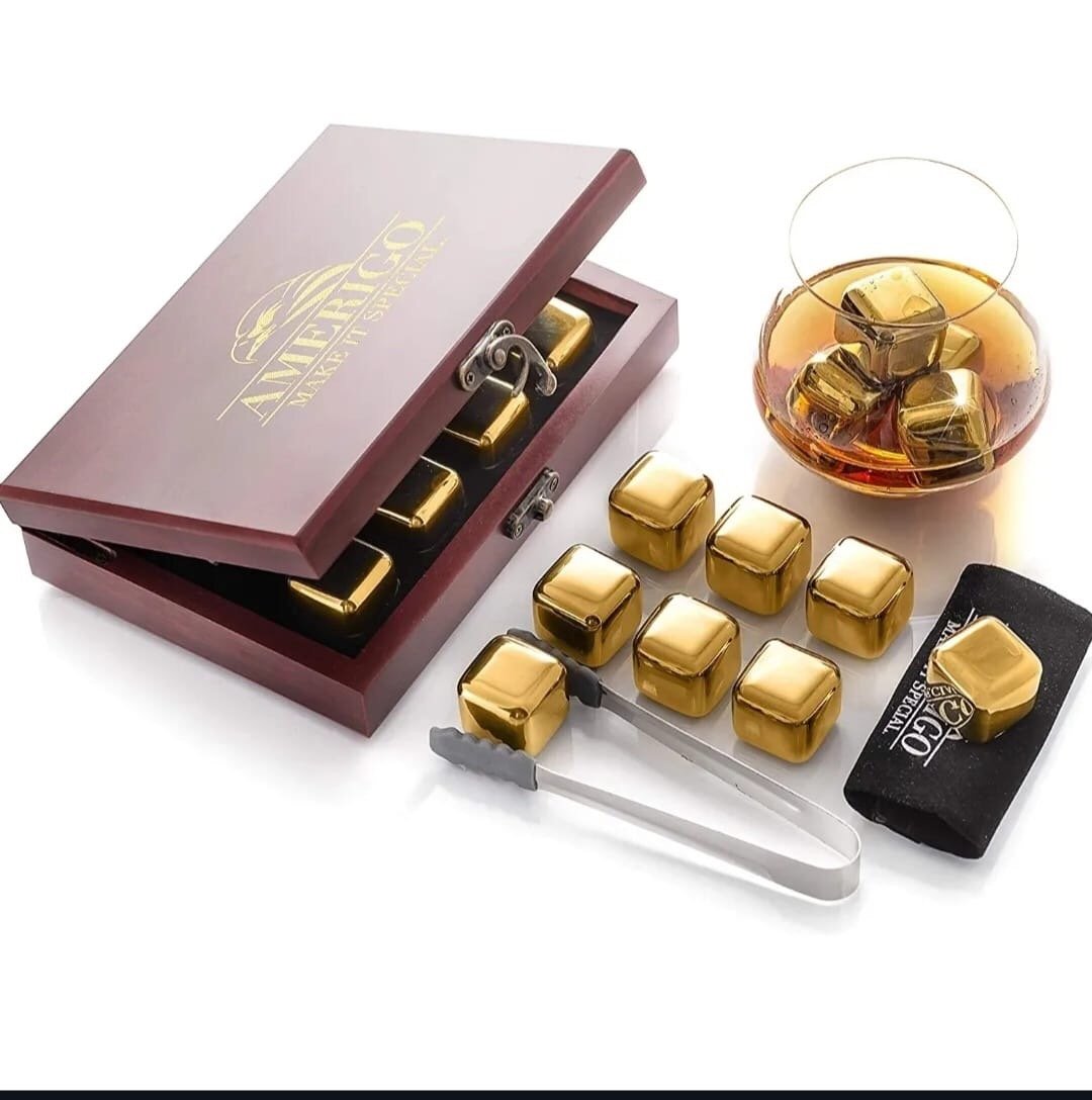 Amerigo Gold Stainless Steel Whiskey Stones Gift Set in Box Wine Chilling Rocks
