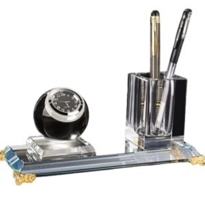 Crystal Table Organiser with Clock and Pen Holder